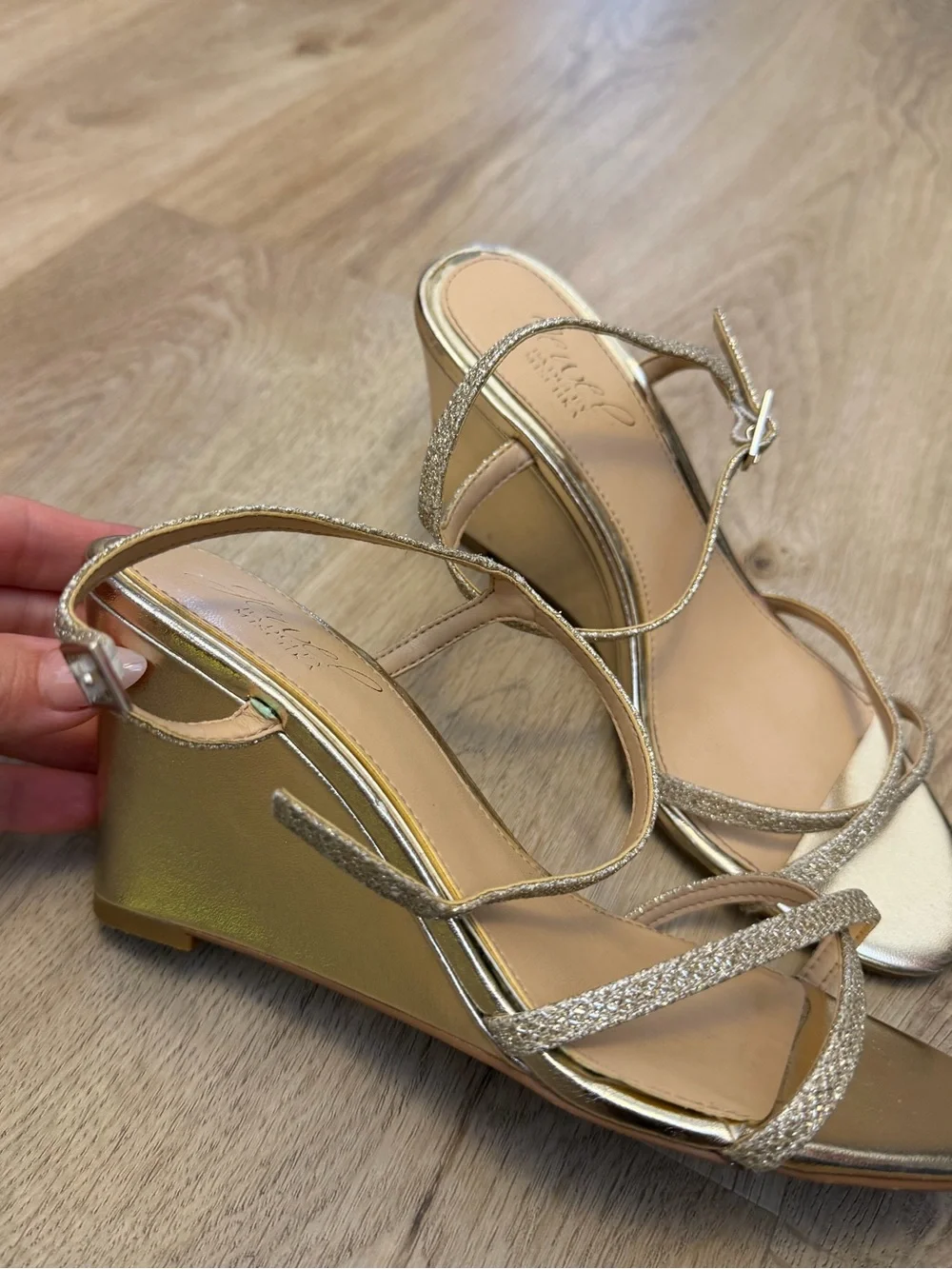 Jewel Badgley Mischka Gold Strappy Wedge Sandals